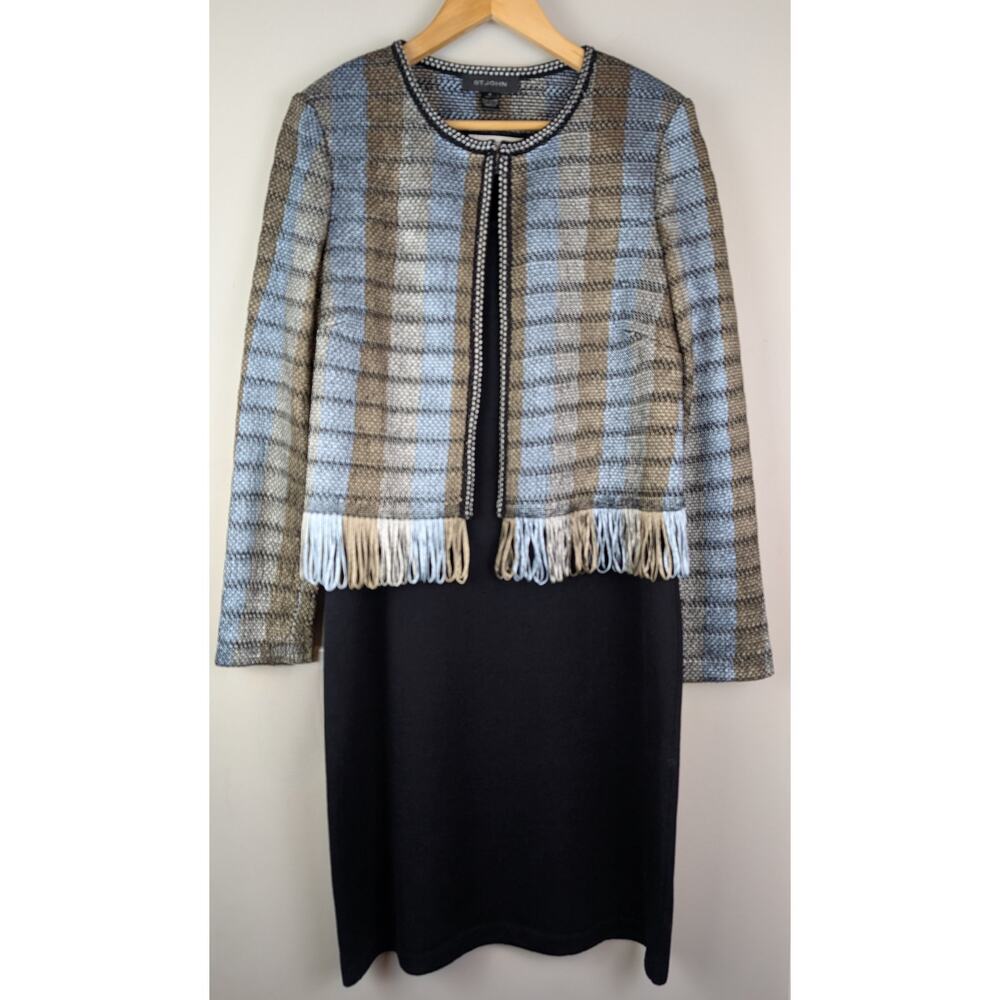St. John Ribbon Inlay Jacket w/ Fringe and Collection Dress Set Caviar/Birch 10